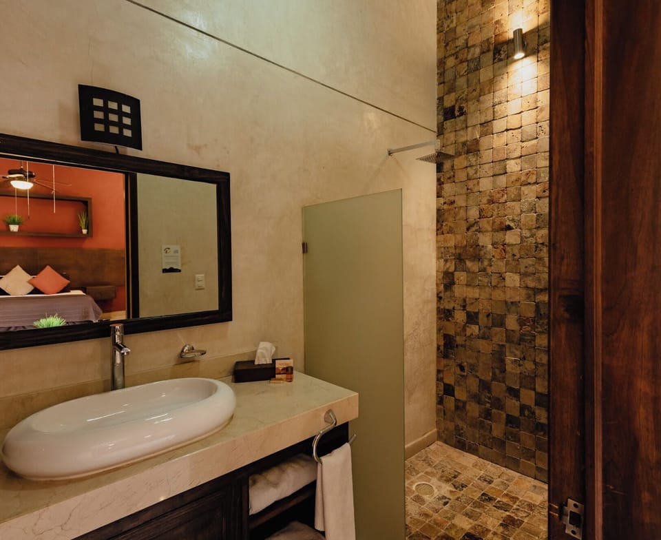 Shower, free toiletries, hair dryer, towels