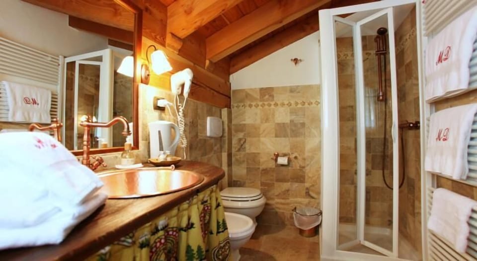 Shower, designer toiletries, hair dryer, bathrobes