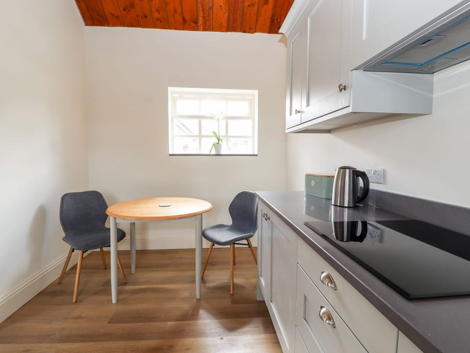 Fridge, electric kettle, toaster, cookware/dishes/utensils