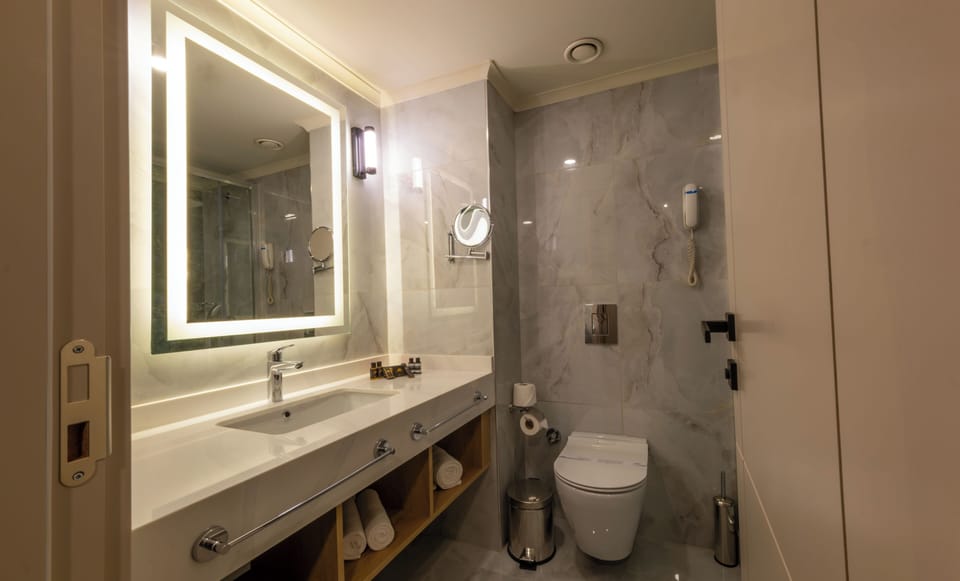 Shower, eco-friendly toiletries, hair dryer, towels