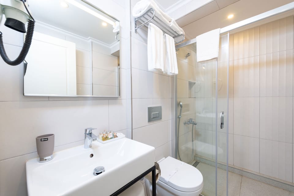 Shower, free toiletries, hair dryer, towels