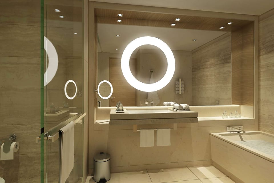 Combined shower/tub, free toiletries, hair dryer, towels