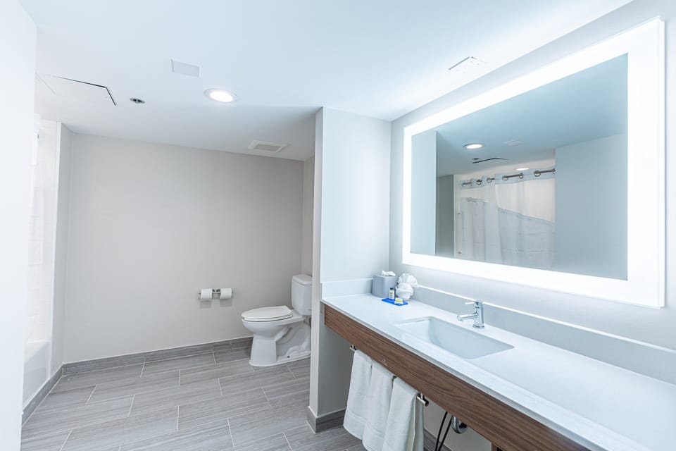 Combined shower/tub, free toiletries, hair dryer, towels