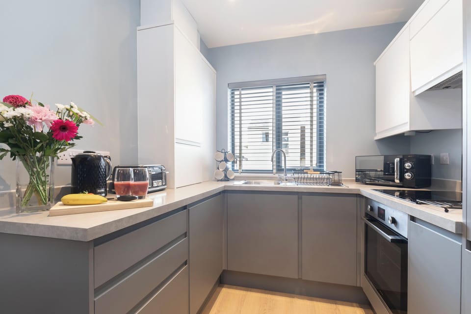 Apartment | Private kitchen | Full-size fridge, microwave, oven, stovetop