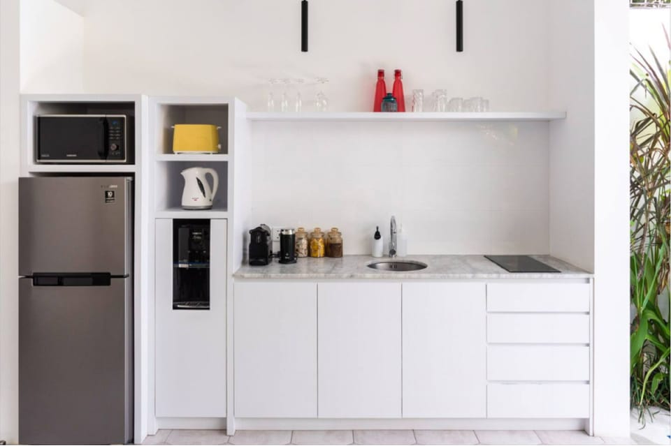 Full-size fridge, microwave, stovetop, electric kettle