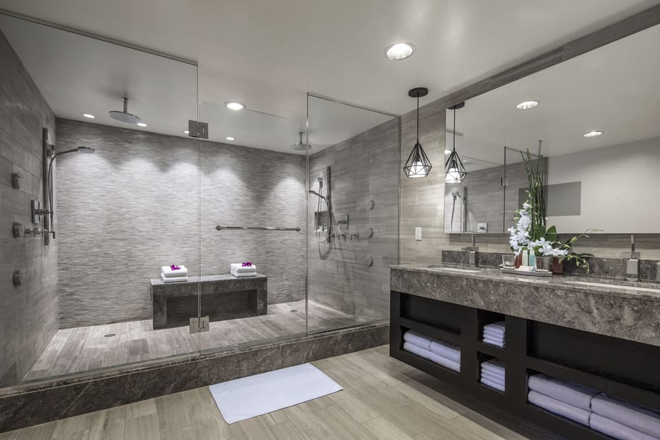 Combined shower/tub, free toiletries, hair dryer, towels