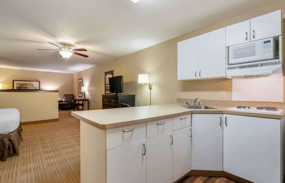 Fridge, microwave, stovetop, coffee/tea maker