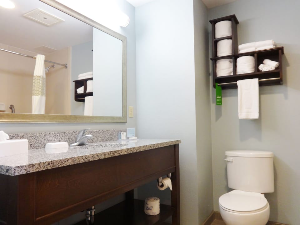 Combined shower/tub, free toiletries, towels