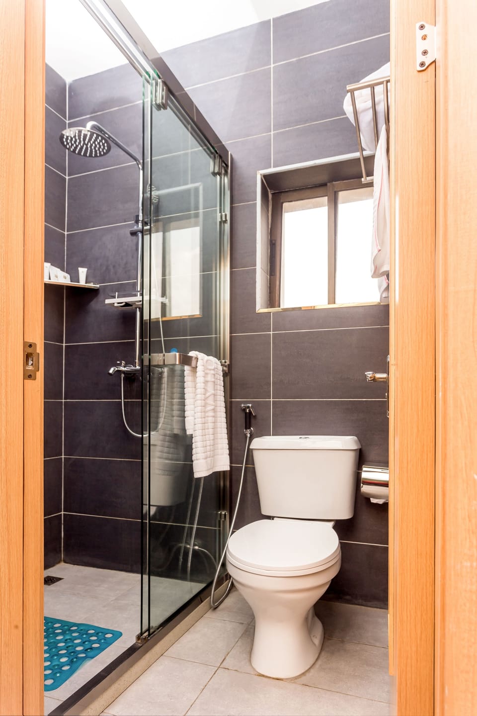Shower, rainfall showerhead, hair dryer, slippers