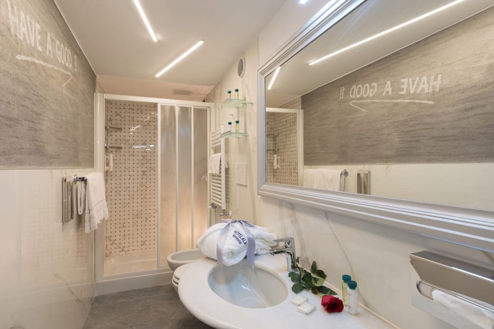 Hair dryer, towels, soap, shampoo