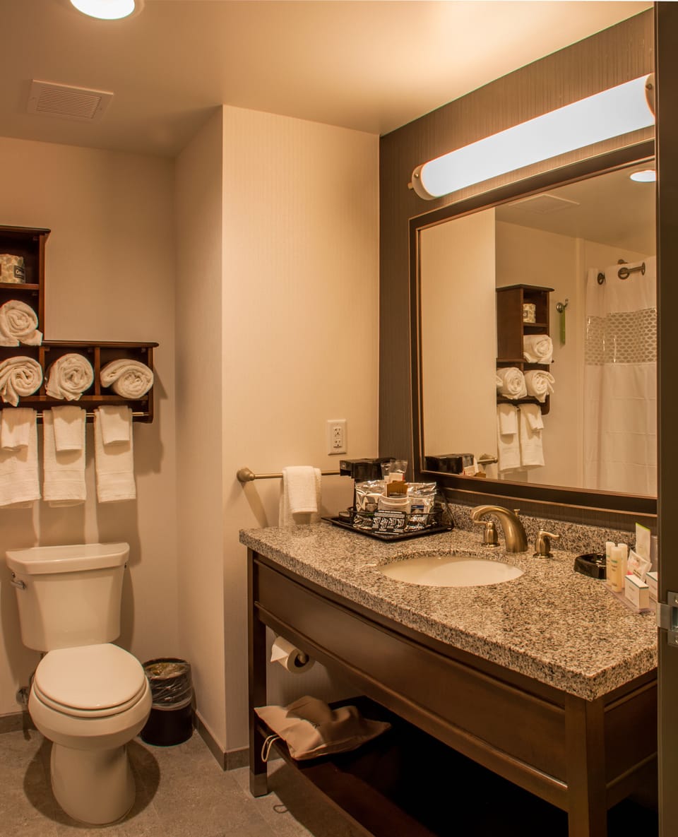 Combined shower/tub, free toiletries, towels