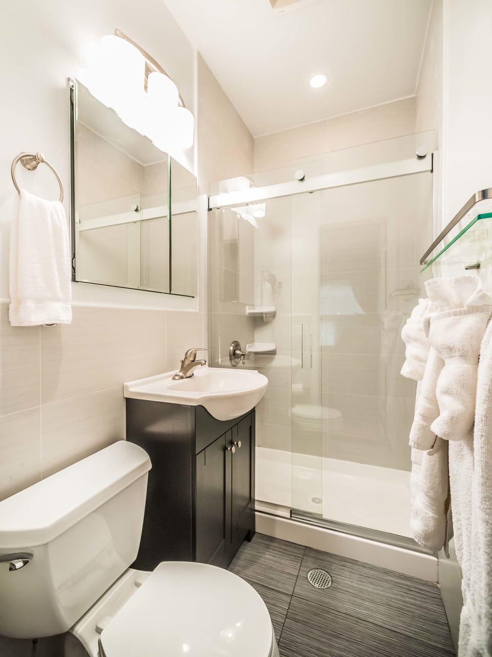 Shower, free toiletries, hair dryer, towels