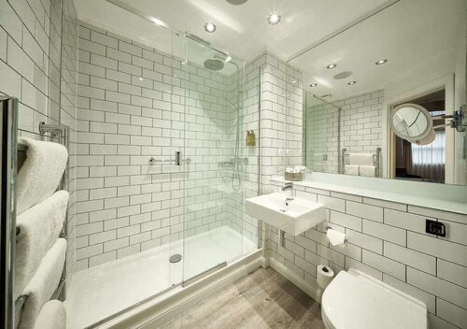 Combined shower/tub, free toiletries, hair dryer, towels