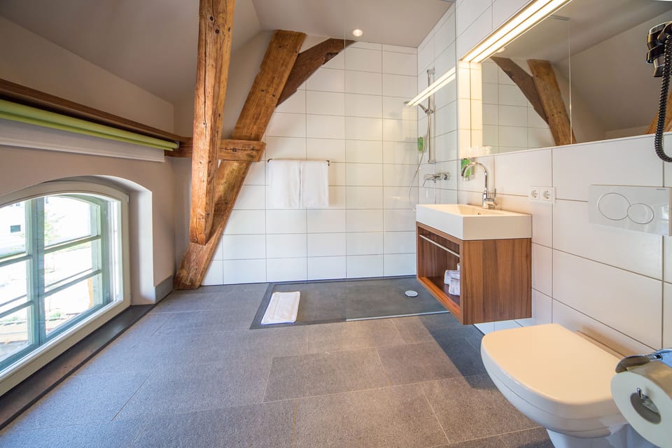Shower, hair dryer, towels