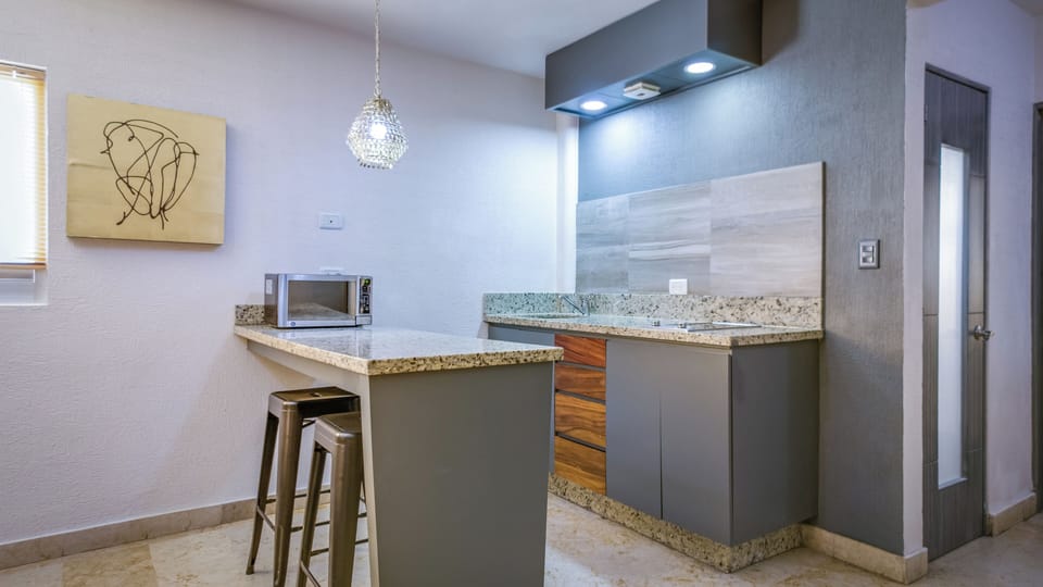 Senior Suite, Kitchen | Private kitchen | Full-size fridge, microwave, stovetop, cookware/dishes/utensils