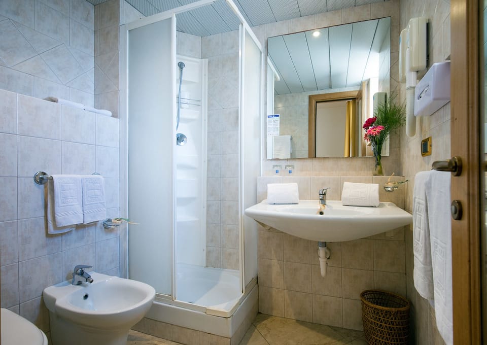 Combined shower/tub, free toiletries, hair dryer, bidet