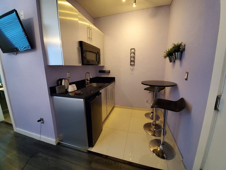 Mini-fridge, microwave, coffee/tea maker