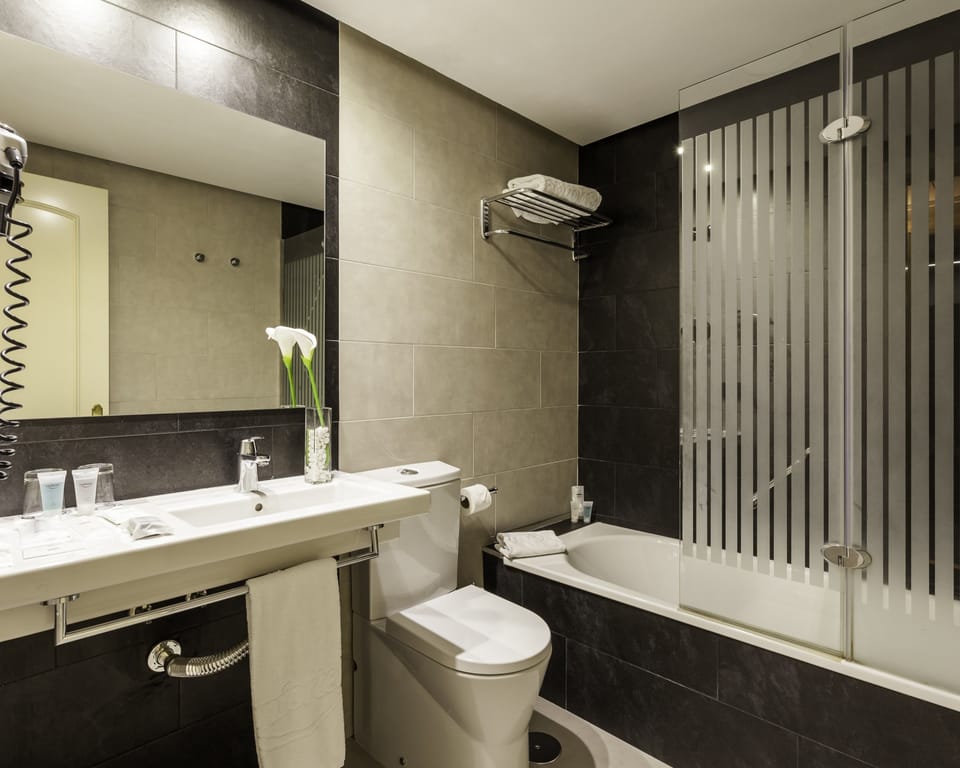 Combined shower/tub, eco-friendly toiletries, hair dryer, towels