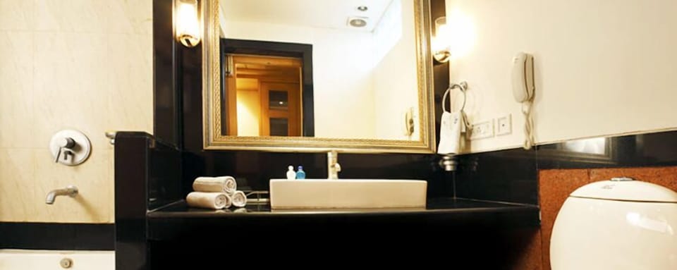 Jetted tub, designer toiletries, hair dryer, bathrobes
