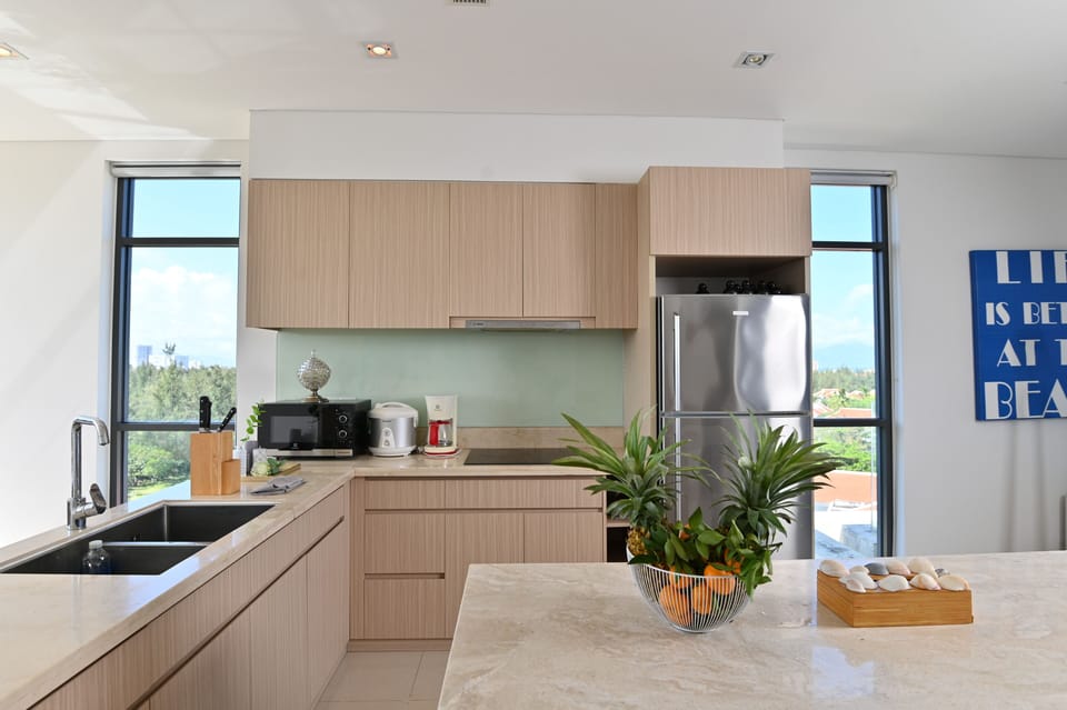 Luxury 2BR Ocean Apartment | Private kitchen | Full-size fridge, microwave, stovetop, rice cooker