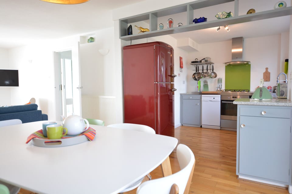 Fridge, dishwasher, cookware/dishes/utensils