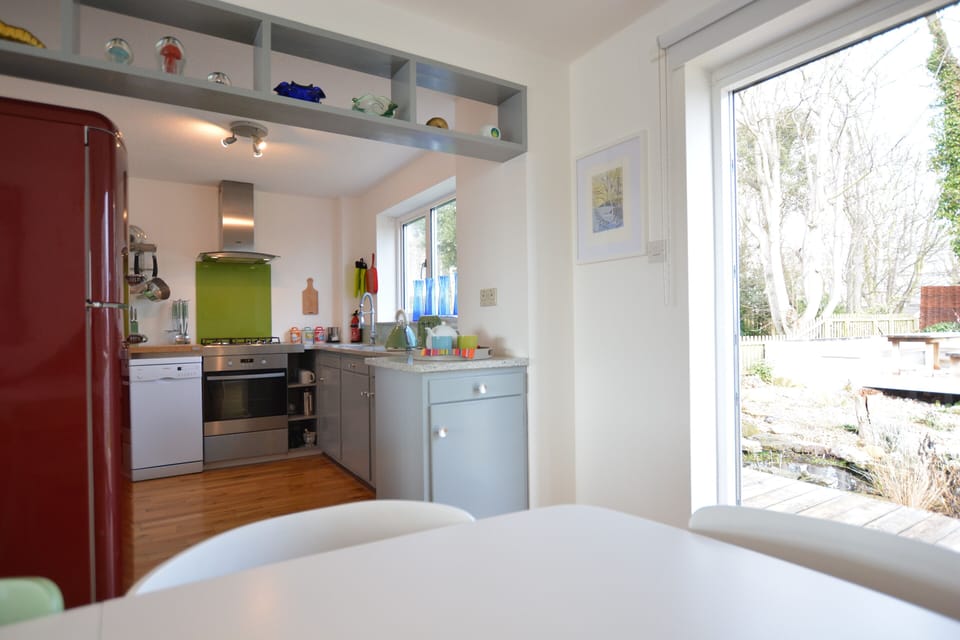 Fridge, dishwasher, cookware/dishes/utensils