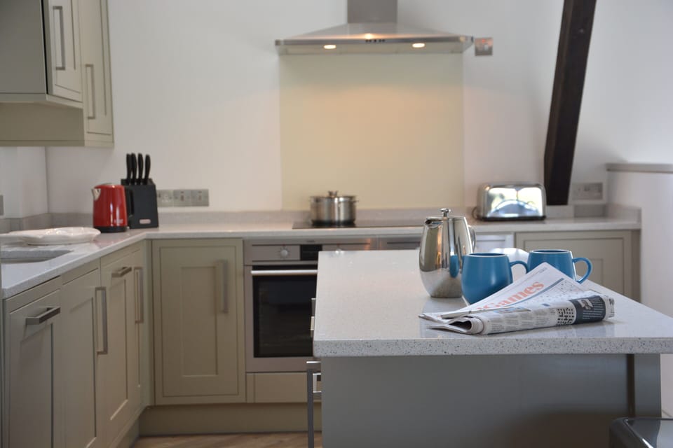 Fridge, dishwasher, cookware/dishes/utensils