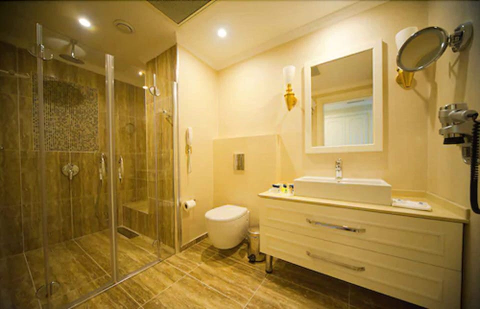 Shower, rainfall showerhead, free toiletries, hair dryer