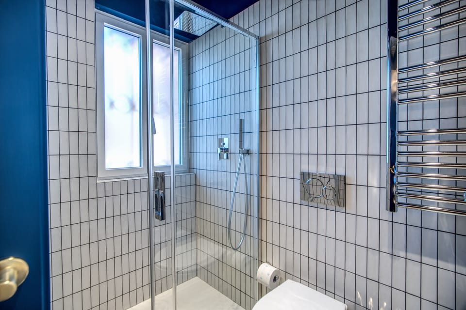 Shower, designer toiletries, hair dryer, bidet