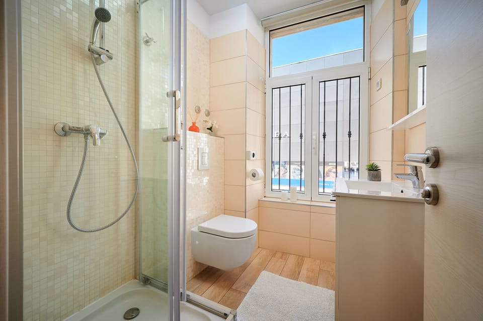 Shower, hair dryer, towels
