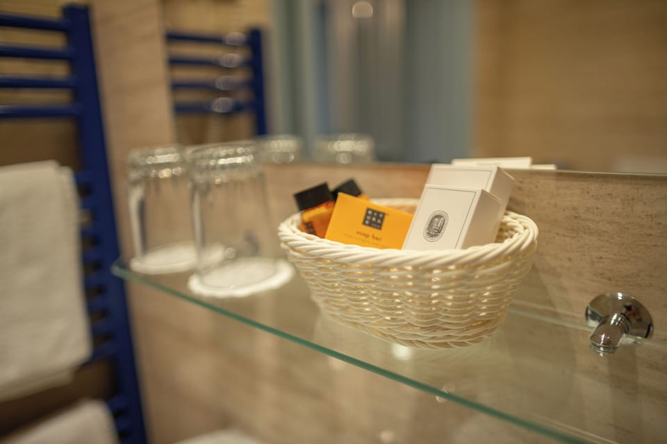 Eco-friendly toiletries, hair dryer, towels