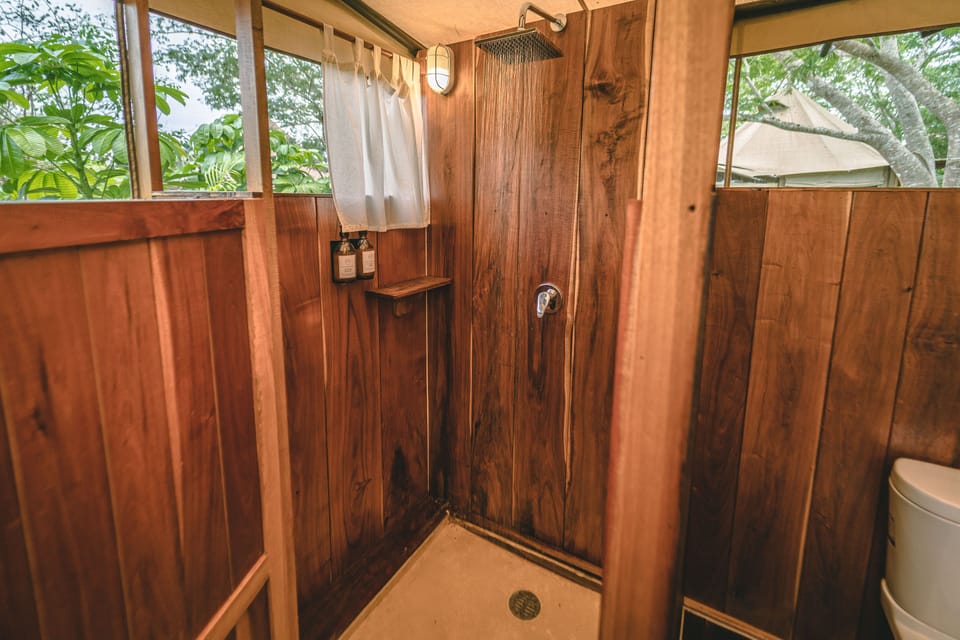 Shower, free toiletries, towels, soap
