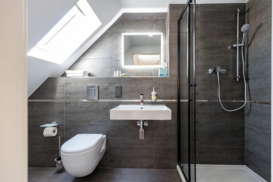 Comfort Penthouse | Bathroom | Hair dryer, towels, soap, toilet paper