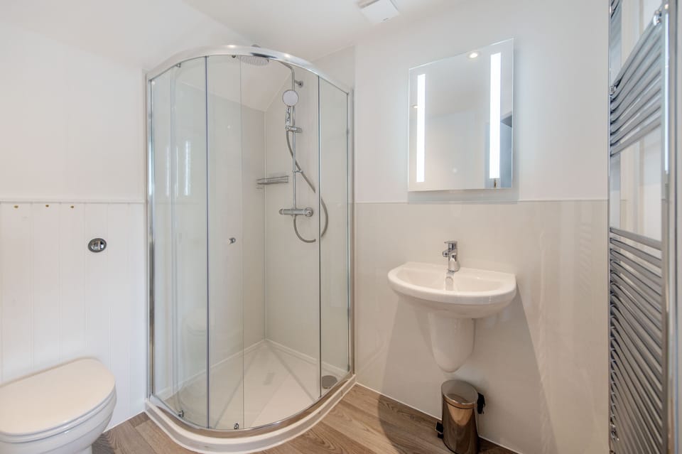 Deluxe King Room | Bathroom | Shower, rainfall showerhead, free toiletries, hair dryer