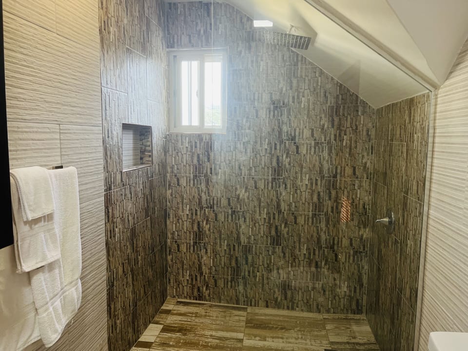 King Suite | Bathroom | Shower, free toiletries, hair dryer, towels