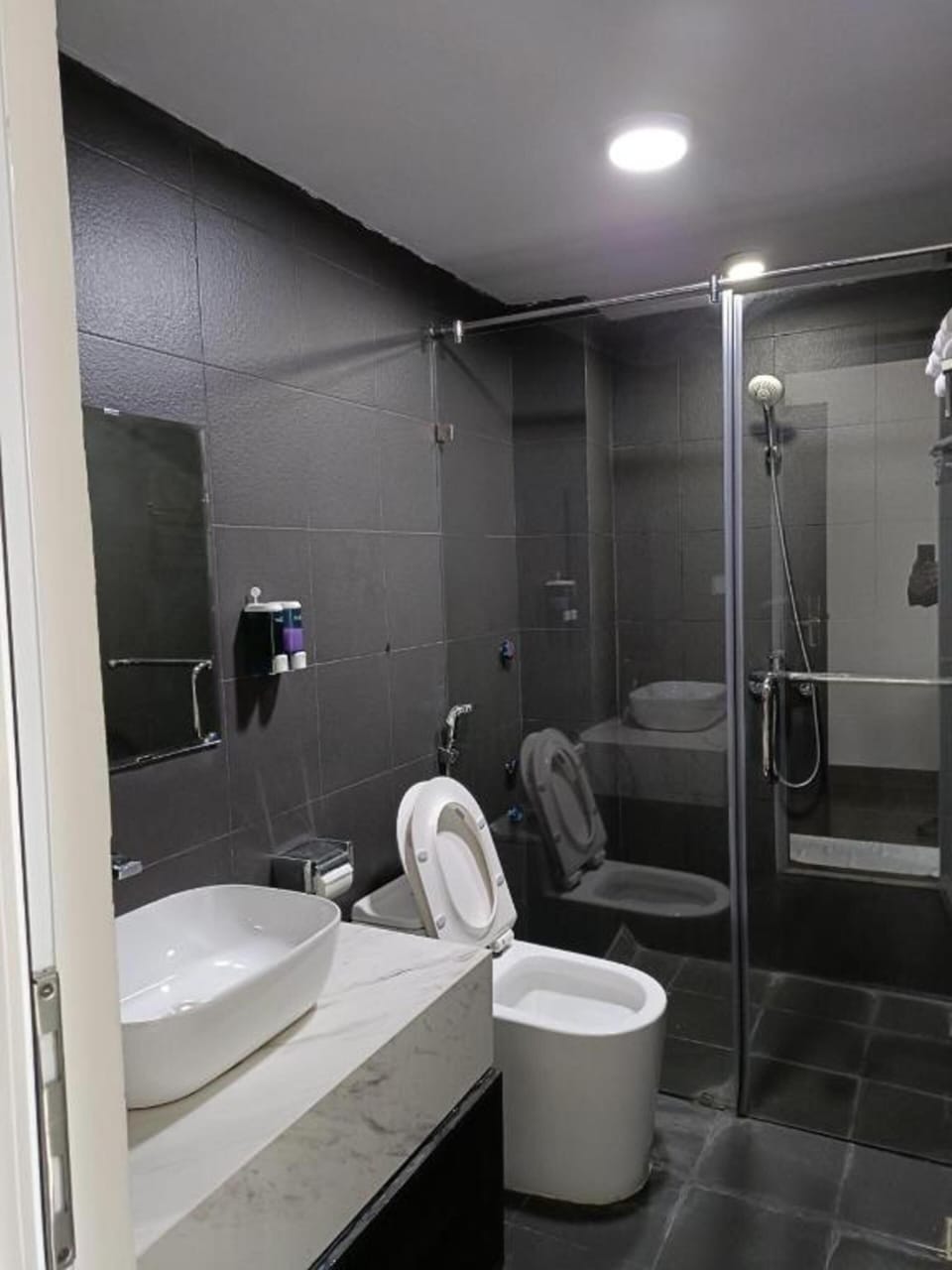 Shower, hydromassage showerhead, free toiletries, hair dryer