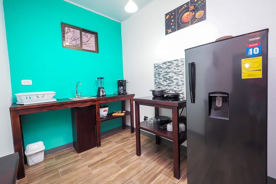Fridge, stovetop, rice cooker, cookware/dishes/utensils