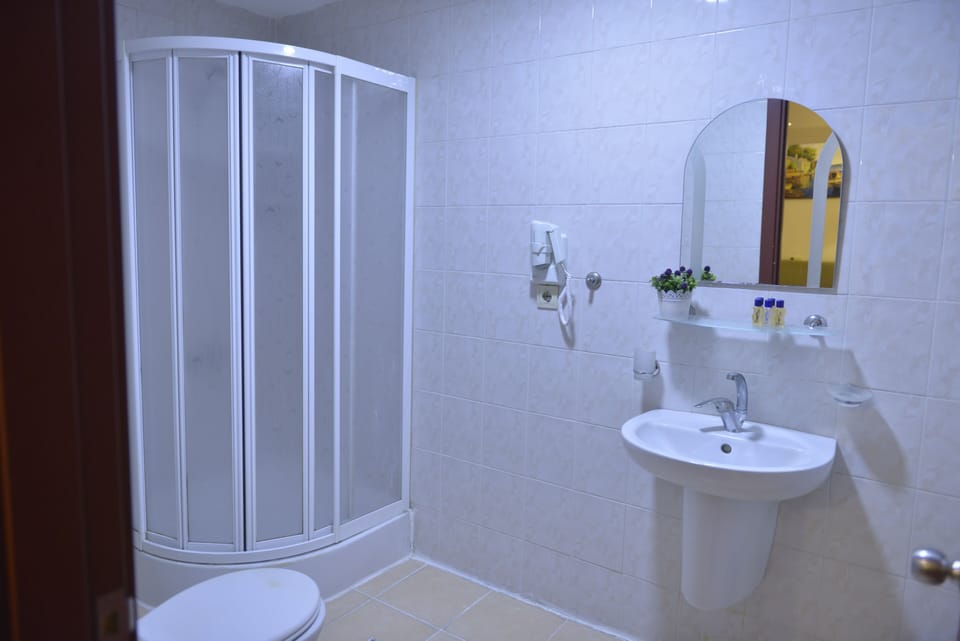 Shower, rainfall showerhead, free toiletries, hair dryer