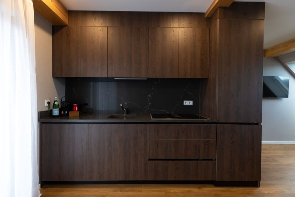 Deluxe Studio Suite | Private kitchen | Full-size fridge, stovetop, dishwasher, espresso maker