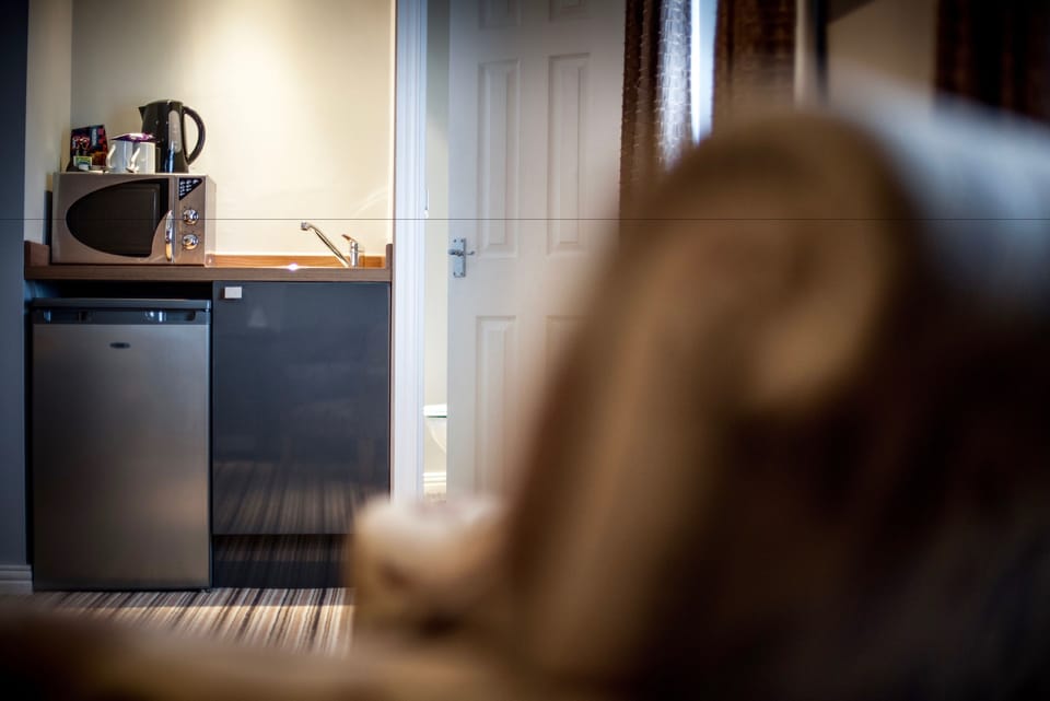 Fridge, microwave, coffee/tea maker, electric kettle