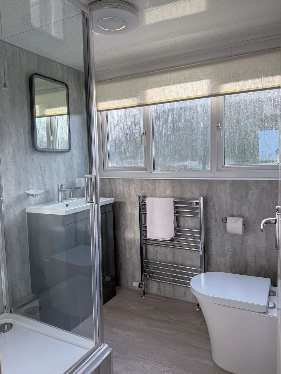 Shower, free toiletries, hair dryer, towels