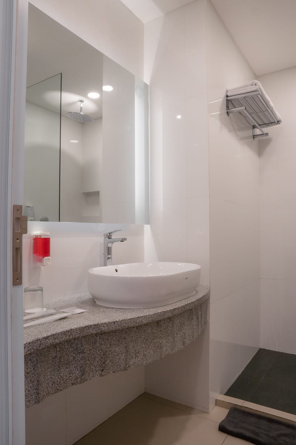 Shower, hair dryer, soap, shampoo