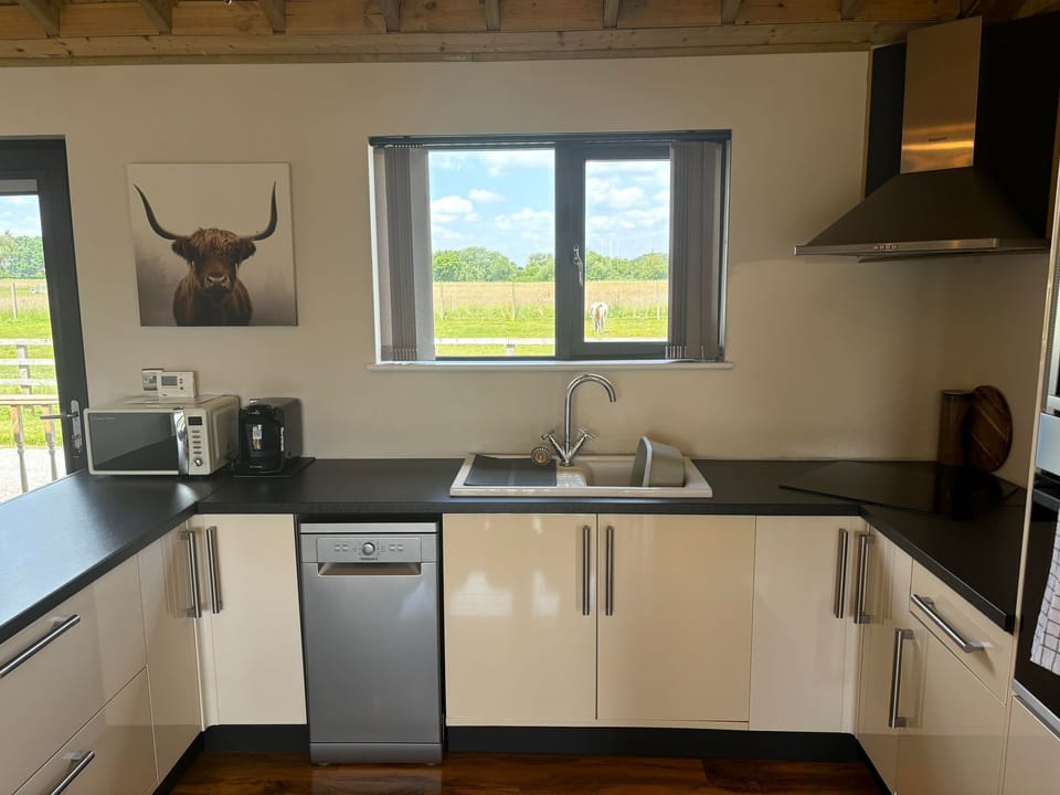 Cabin | Private kitchen | Fridge, microwave, oven, stovetop