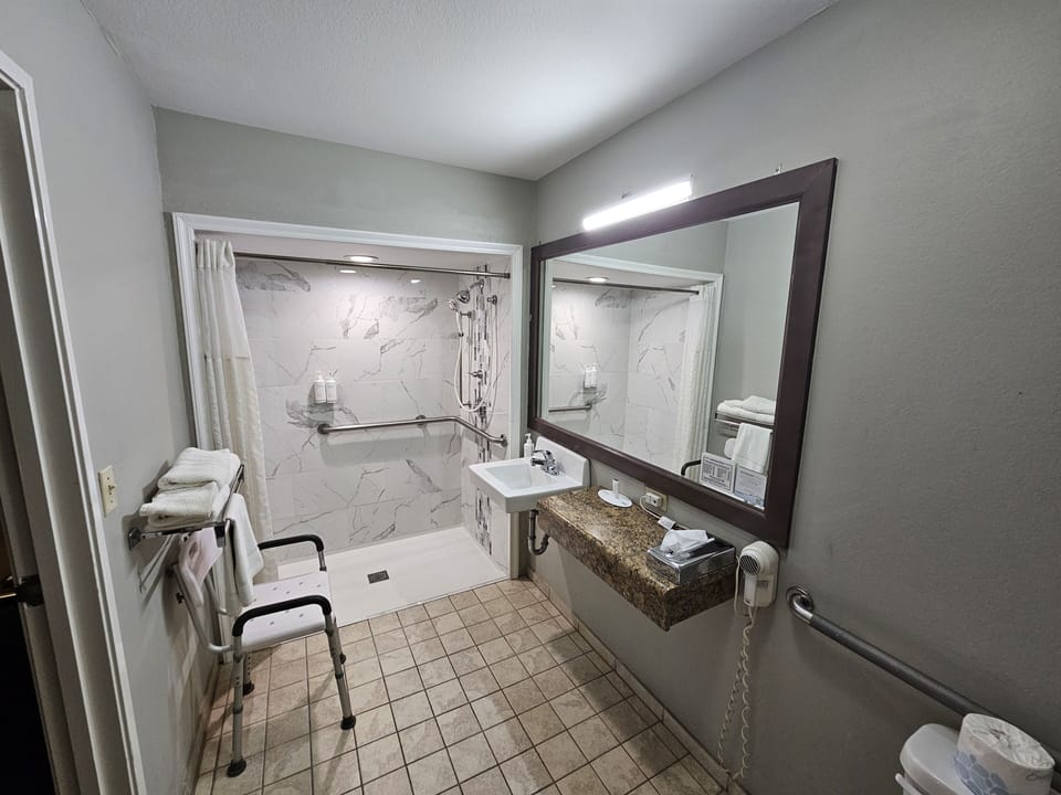 Combined shower/tub, free toiletries, hair dryer, towels