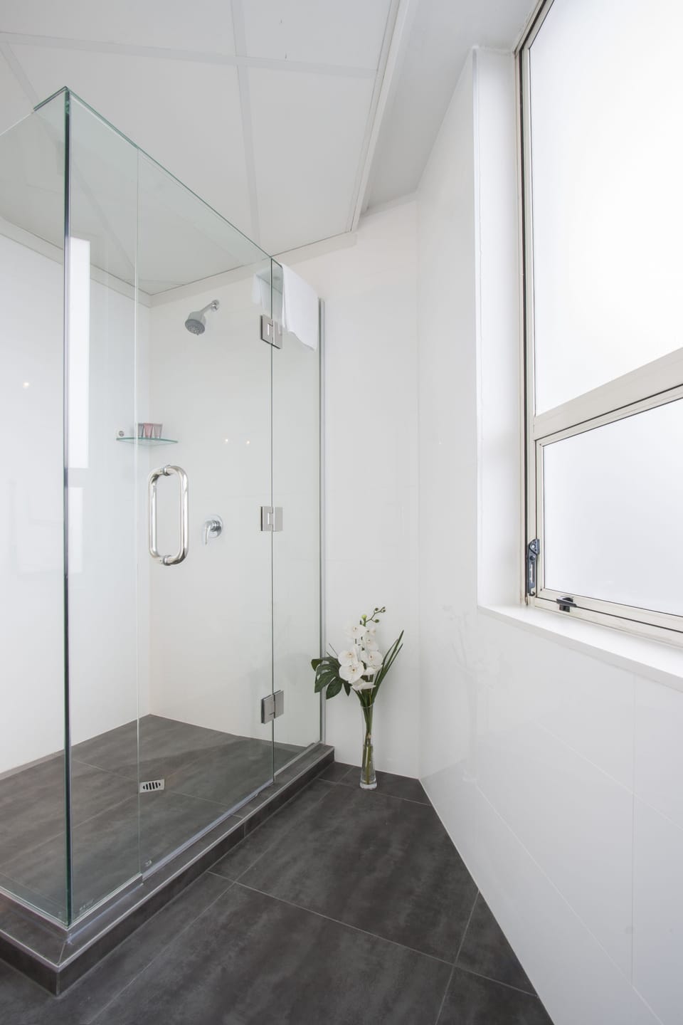 Shower, rainfall showerhead, free toiletries, hair dryer