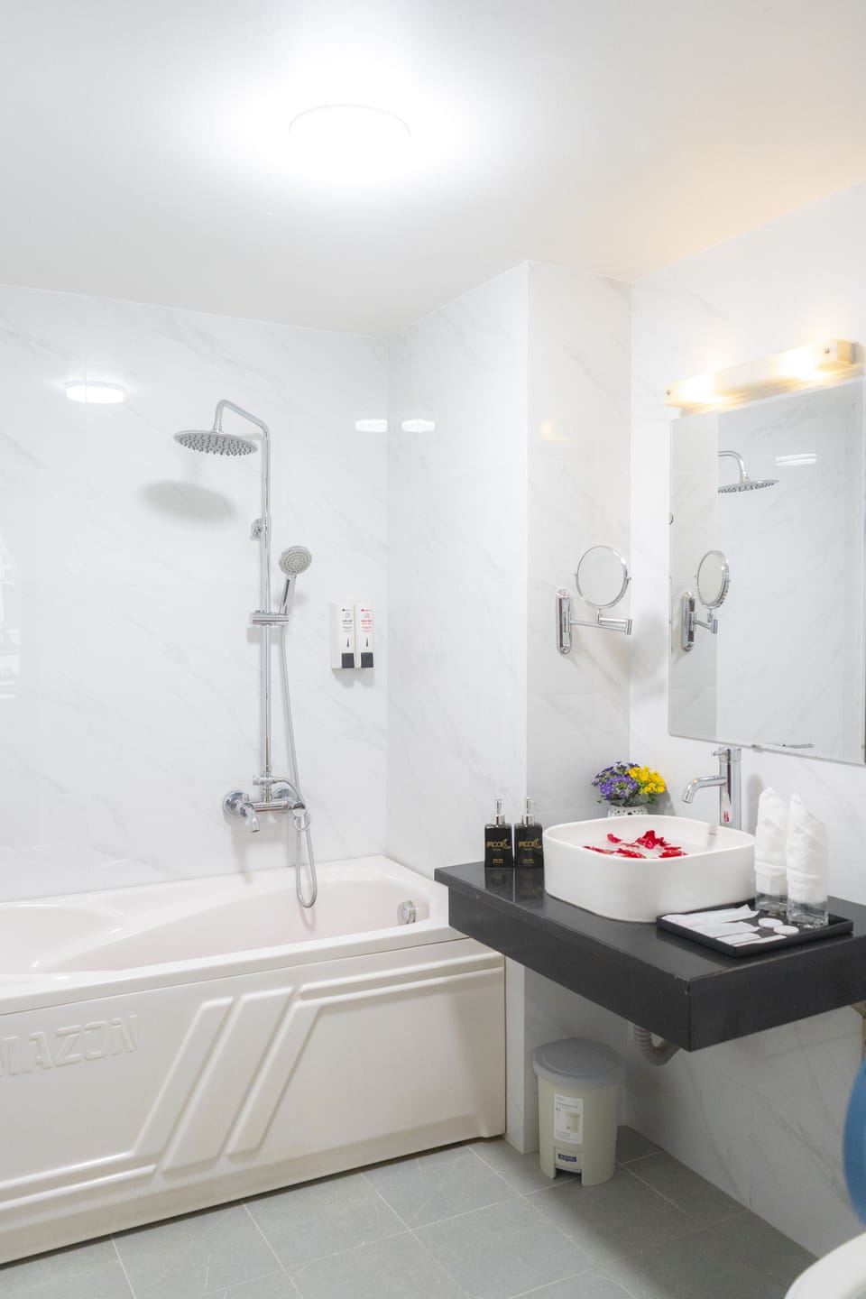 Hair dryer, bathrobes, slippers, towels