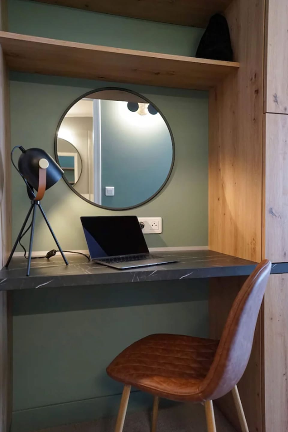 Laptop workspace, blackout drapes, iron/ironing board