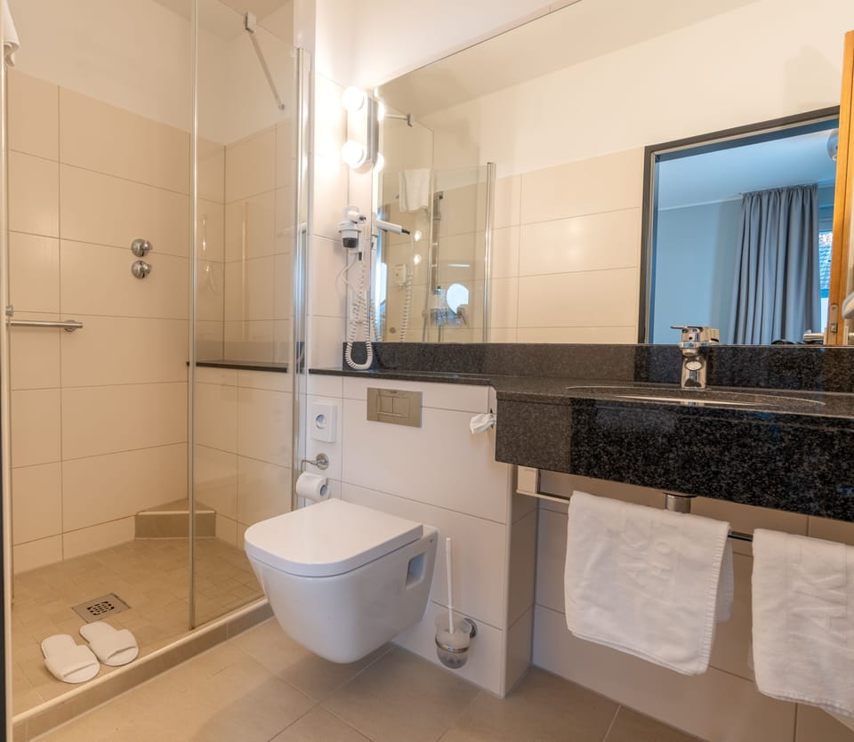Shower, free toiletries, towels