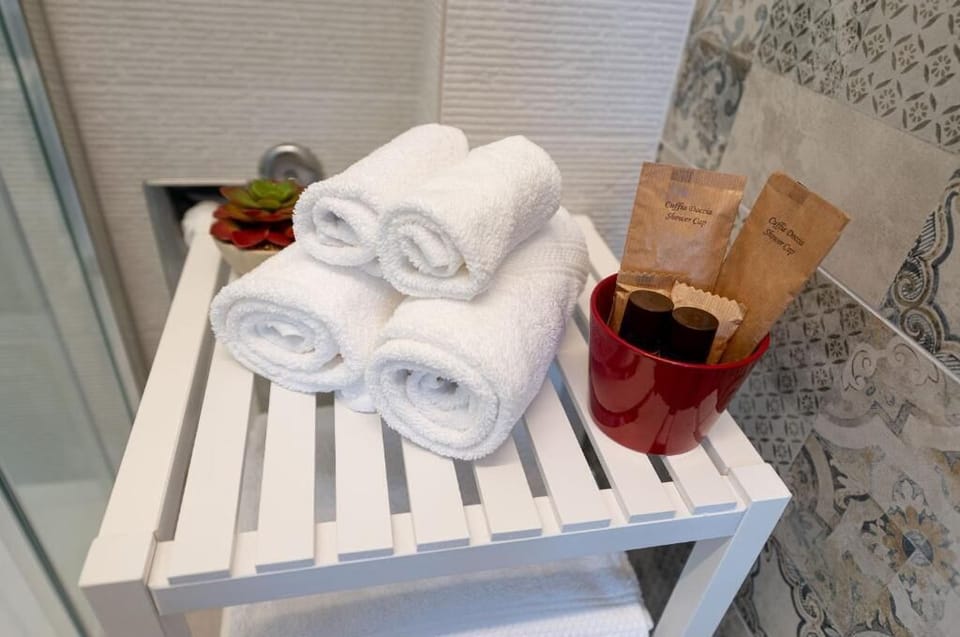 Shower, rainfall showerhead, free toiletries, hair dryer