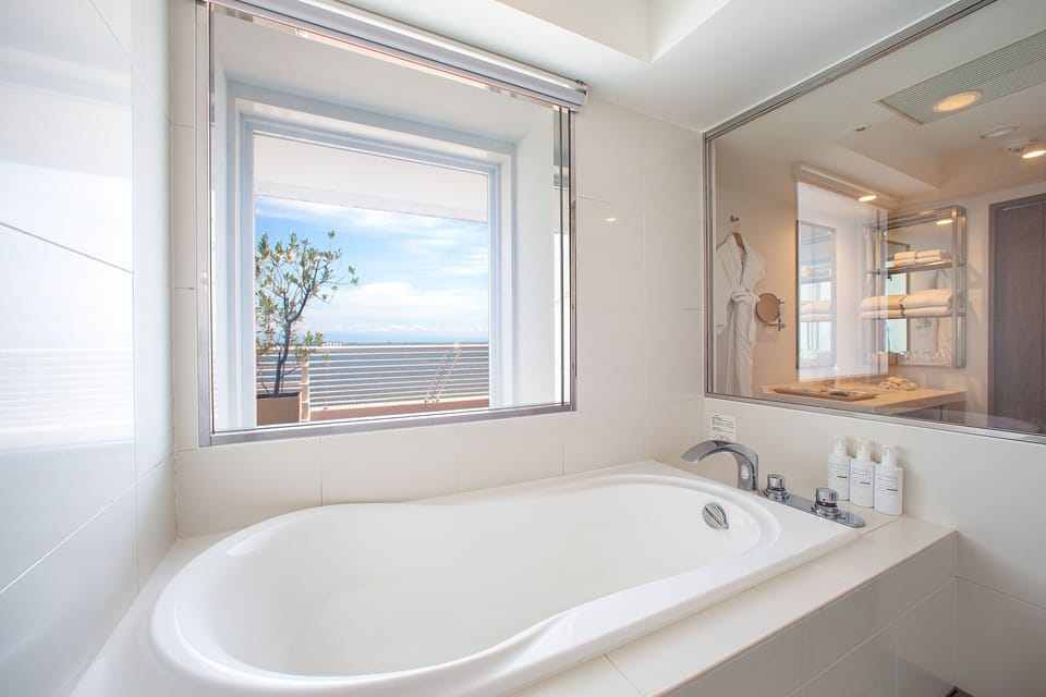 Combined shower/tub, free toiletries, hair dryer, slippers